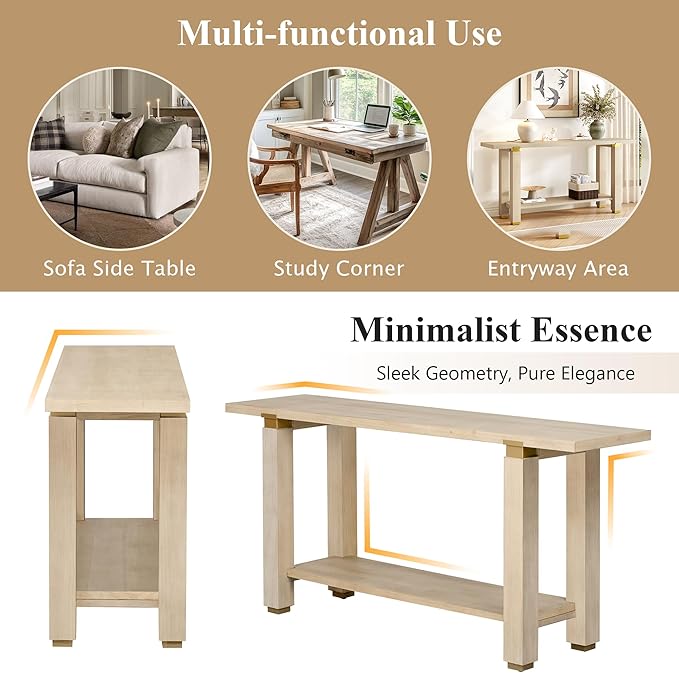 62.9" Modern Minimalist Console Table, Solid Wood Entryway Sofa Table with Metal Accents, 2-Tier with Open Shelf and Built-in Shelf for Living Room, Hallway (Natural-J22)