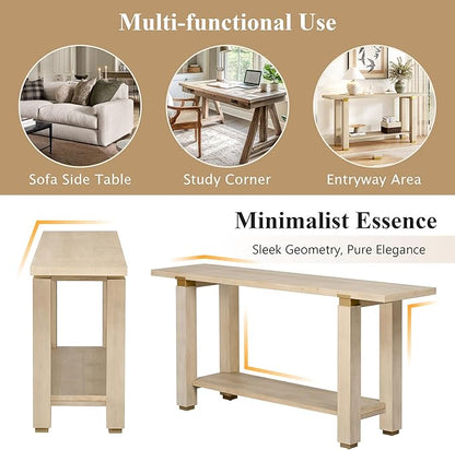 62.9" Modern Minimalist Console Table, Solid Wood Entryway Sofa Table with Metal Accents, 2-Tier with Open Shelf and Built-in Shelf for Living Room, Hallway (Natural-J22)