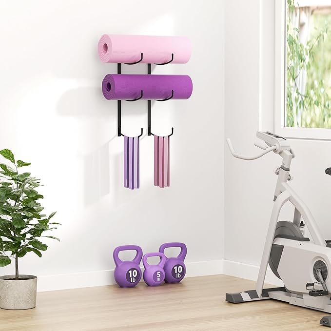 Yoga Mat Holder Wall Mount, 3-Tier Storage Rack for Yoga Mat, Foam Roller, Block, Yoga Accessories, Wall Organizer for Home Gym, Gym, Workout Room, Metal, Black