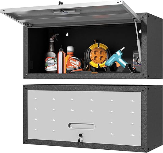 Metal Garage Wall Cabinet with Lock, Wall Mounted Metal Storage Cabinets with Flip-Up Doors, Lockable Floating Tool Storage for Garage Basement Utility Room
