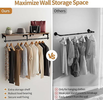Luxspire Wall Mounted Clothes Rack, 43.3inch Clothing Racks with Top Shelf for Hanging Clothes, Heavy Duty Industrial Pipe Garment Rack, Laundry Room Shelves Closet Storage, Large