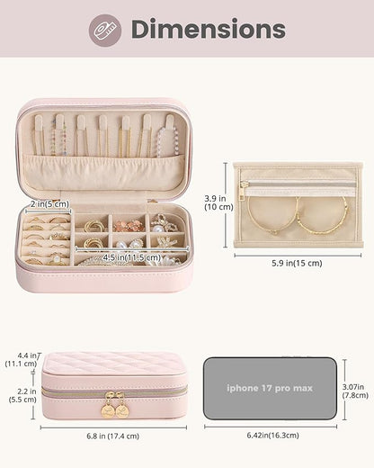 Lolalet Travel Jewelry Case for Women Girls, Travel Jewelry Organizer with Clear Storage Bag Small Portable Jewelry Box for Necklace Bracelet Earring Ring Birthday Bridesmaid Gifts -Medium/Pink