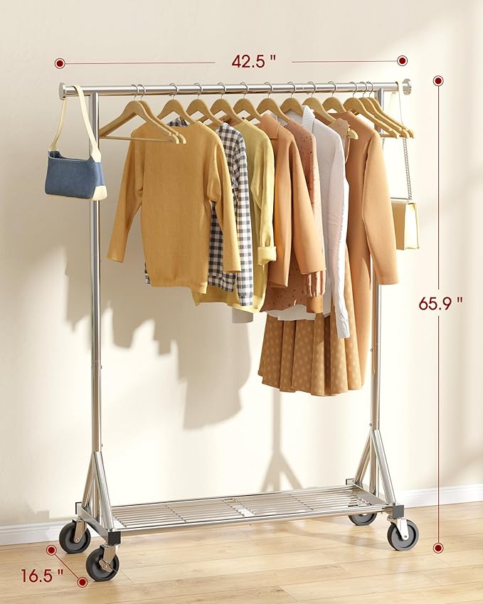 Stainless Steel Rolling Clothes Rack with Mesh Shelf, Lockable Wheels & Anti-Slip Stoppers, Freestanding Clothing Organizer for Bedroom, Laundry Room, 42.5" x 16.5" x 65.9", Silver