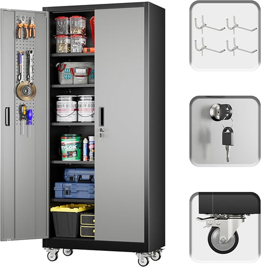71" H Metal Garage Storage Cabinet with Wheels，Steel Storage Cabinet with Door,5 Adjustable Shelves and Pegboard for Garage Home,Required Assembly,Black &Dark Grey