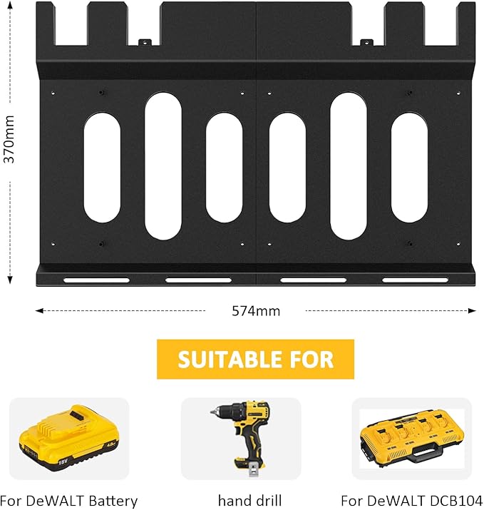 Wall Mount Bracket for DeWalt DCB104 Charger and Battery, Metal Black Rugged 4 Battery Holder and Charger Holder for Tool Room and Garage