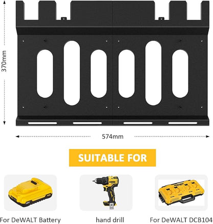 Wall Mount Bracket for DeWalt DCB104 Charger and Battery, Metal Black Rugged 4 Battery Holder and Charger Holder for Tool Room and Garage