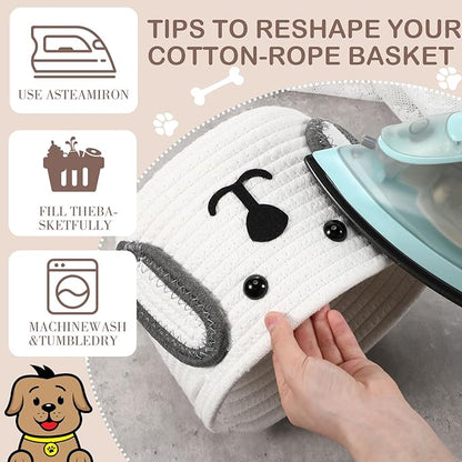 Zopeal Dog Woven Basket, 7.9" D x 6" H Cotton Rope Toy Storage Organizer, Dog Mom Gift Empty, Cute Laundry Puppy Gift Animal Basket for Clothes, Towels, Toy, Laundry, Bathroom, Home(White, Gray)