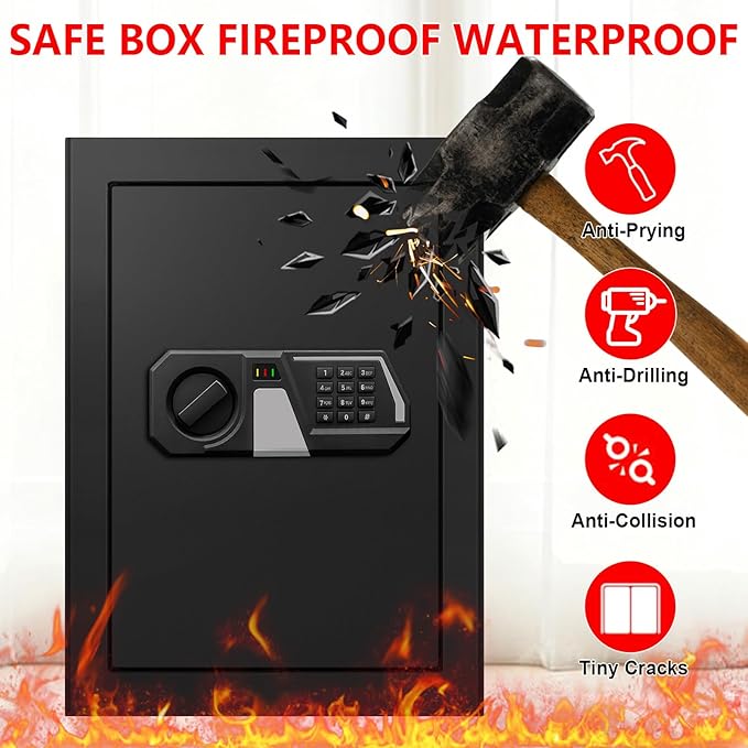 3.4 Cub Large Safes for Home Use, Digital Home Safe Box Fireproof Waterproof with Programmable Keypad, Spare Keys and Removable Shelf, Anti-Theft Fire Proof Document Box Money Safe for Valuables