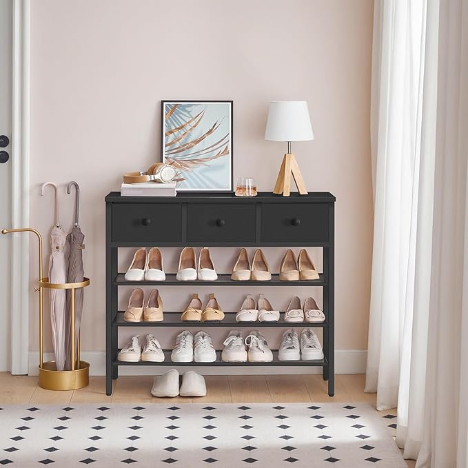 4-Tier Shoe Rack with 3 Drawers, Metal Shoe Organizer for 15 Pairs with Storage Shelves and Wooden Top, for Entryway, Hallway, Foyer, Closet, Black SS34BB
