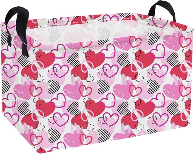 Essme Rectangular Valentine's Day Basket,Pink Heart Storage Bins Organizer with Handles for Girls Room Decor, Gift Basket,Shelf Basket.(Around Love)
