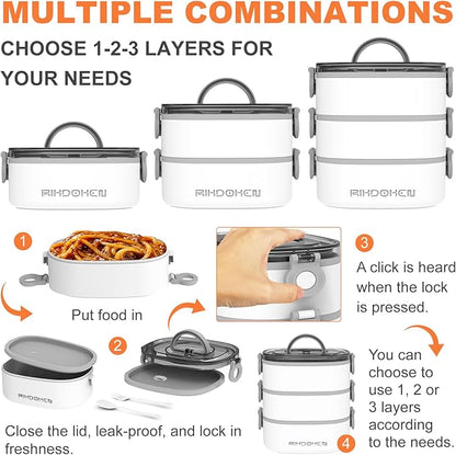Lunch Box, Stackable 3 Layers Containers, Portable 94OZ Large Capacity Leakproof Bento Box with Spoon & Fork & Sauce Boxes, Microwave Safe Lunch Box for Kids and Adults