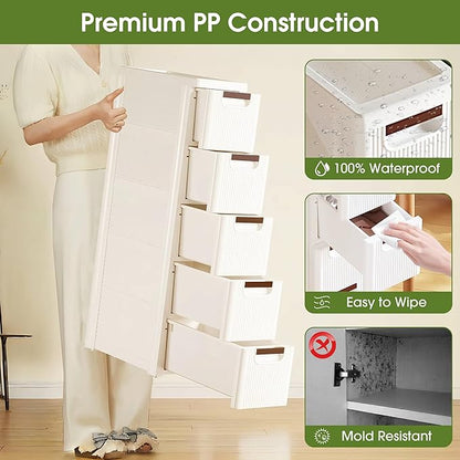 5 Drawers Narrow Storage Cabinet, Slim Bathroom Storage Cabinet, Plastic Rolling Cart Organizer for Small Spaces, Laundry, Office, Home, White