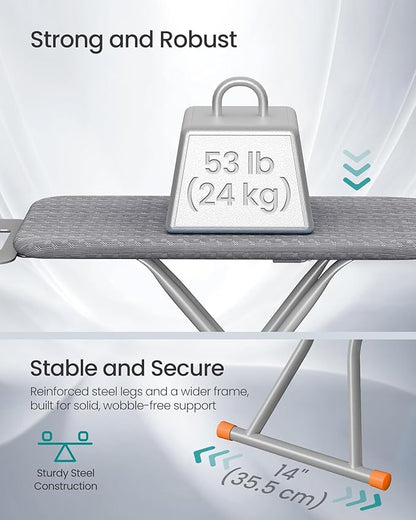 SONGMICS Ironing Board, Retractable Iron Rest, Foldable Iron Board, 43 x 13 Inches, Space-Saving, Height Adjustable, Padded with Cover, Hook, Dove Gray ULLB003GD02S