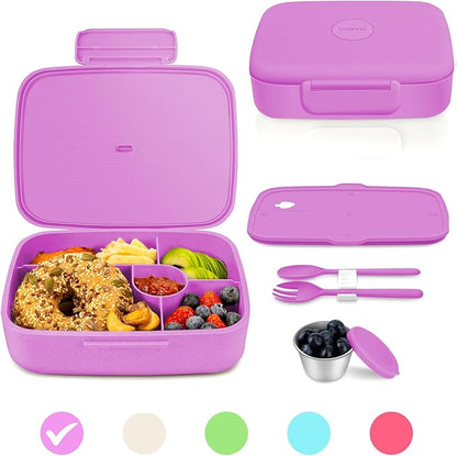 Bento Lunch Box with Kids/Adults, 5 Compartments Leakproof Lunch Container with Dressing Cup, Eco-Friendly Double Insulated Boxes, Dishwasher and Microwave Safe, BPA-Free (purple)