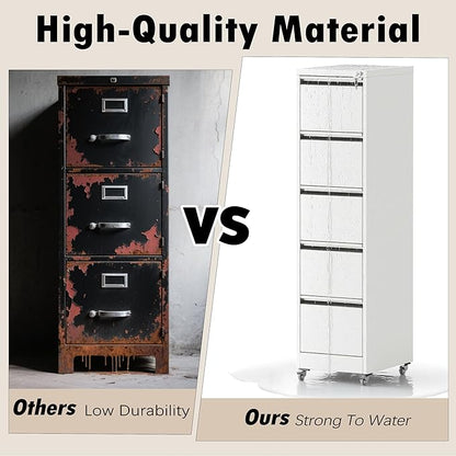 5 Drawers Filing Cabient with Wheel, File Cabinet with Lock, Steel Vertical Filing Storage Cabinet for Office, Heavy-Duty File Cabinets for Letters/Legal/A4 (Require Assembly, White)