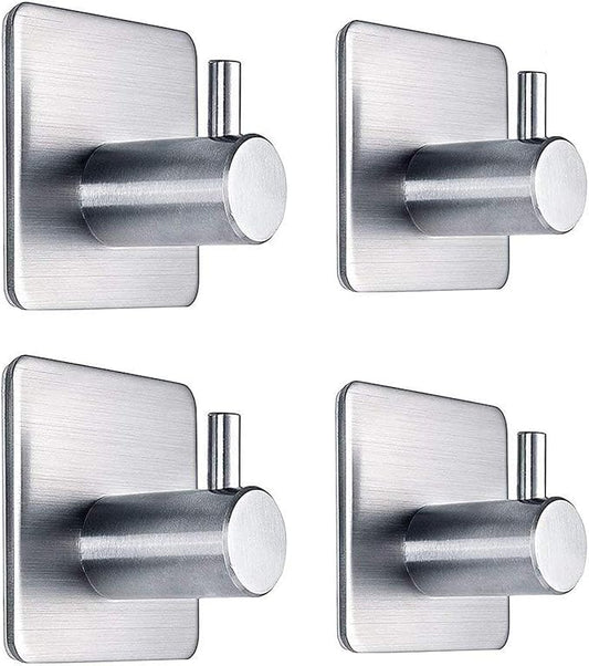 Adhesive Towel Hooks Heavy Duty Wall Hooks Waterproof Stainless Steel Hanger for Hanging Coat, Hat, Towel Robe Hook Rack Wall Mount- Bathroom and Bedroom 4-Packs