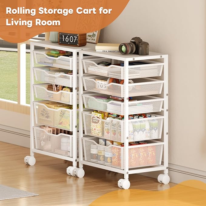 Rolling Storage Cart with 5 Drawers, Metal Utility Cart with Lockable Wheels, Craft Storage Art Cart, Rolling Drawer Cart for Living Room, Bedroom, Bathroom, Office, Home, White