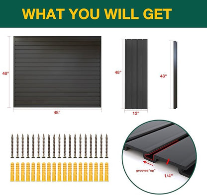 Yuzzy Slat Wall Paneling 4 x 4ft, Garage Slatwall Panel Wall Storage Systems, Heavy Duty PVC Garage Wall Organization (Black)