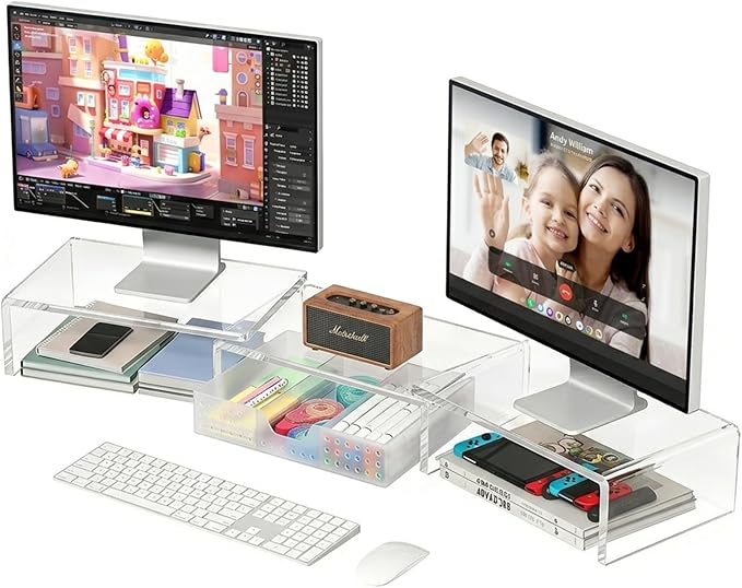 OPNICE Clear Acrylic Desk Organizers and Accessories, Dual Monitor Stand Riser with Drawer, Desk Shelf Computer Racks for Office Workspace Organizers, Desktop Organization