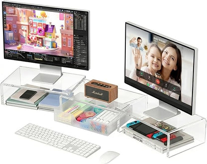 OPNICE Clear Acrylic Desk Organizers and Accessories, Dual Monitor Stand Riser with Drawer, Desk Shelf Computer Racks for Office Workspace Organizers, Desktop Organization