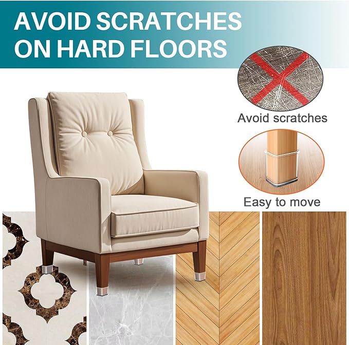 Ansible 24 Pcs Chair Leg Floor Protectors Square, Silicone Felt Furniture Leg Pads Caps Covers for Hardwood Floors (Fit:1-1/16" to 1-5/8")