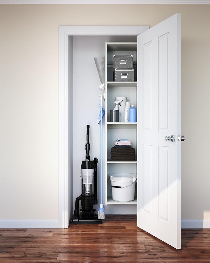 Easy Track 5 Shelf Wood Utility Mountable Home Closet Storage Tower Kit System with 5 Peg Rack, Bag Holder, and 2 Adjustable Shelves, Honey Blonde