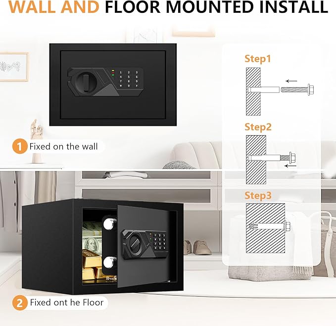 0.4 Cub Small Safes for Home Use, Security Safe Box with Spare Keys, Alarm System, Programmable Keypad and Removable Shelf, Anti-Theft Digital Steel Home Safe for Document Money Medicine Valuables