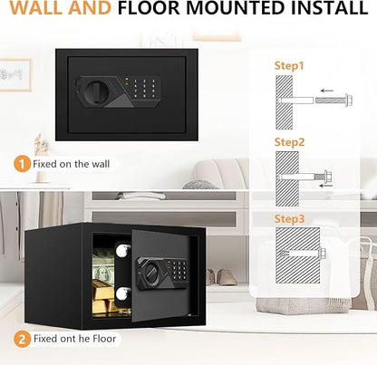 0.4 Cub Small Safes for Home Use, Security Safe Box with Spare Keys, Alarm System, Programmable Keypad and Removable Shelf, Anti-Theft Digital Steel Home Safe for Document Money Medicine Valuables
