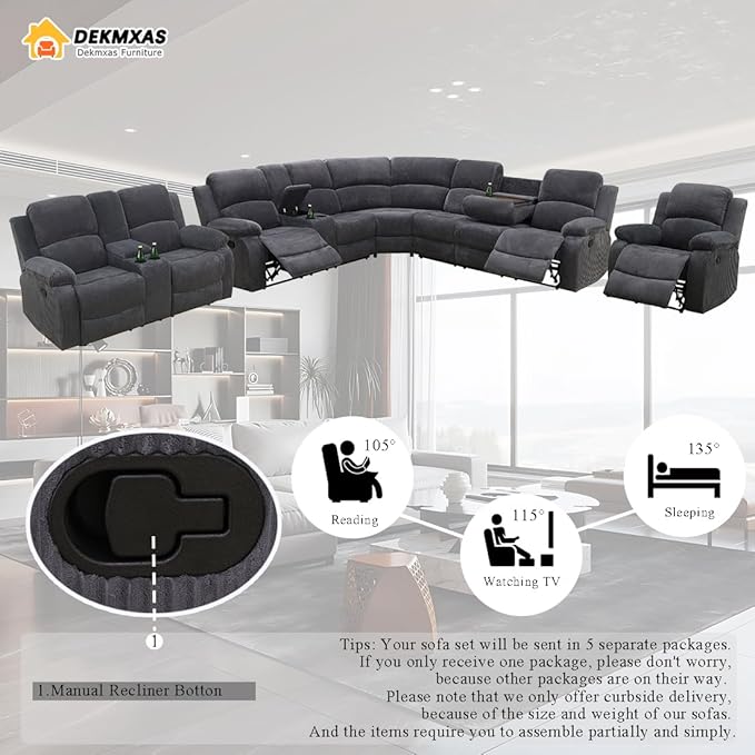 Dark Grey Corduroy Reclining Sectional Sofa Set and Recliner Loveseat Chair with Cup Holders, Living Room Sofa Set with Drop-Down Table, Storage Console for Living Room, Bedroom, Apartment