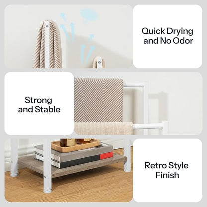 HOOBRO Free Standing Towel Rack for Bathroom, 2 Tier Blanket Rack, 16.5" L x 9.4" W x 31.5" H, Blanket Holder, Drying and Display Rack with Shelf, White and Grey WG02LB01