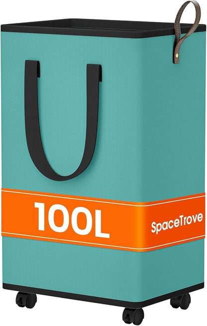 Laundry Basket with Wheels, Collapsible Laundry Baskets, Laundry Hamper with Handles Detachable Wheels, Rolling Laundry Basket, Dirty Clothes Hamper for Bathroom, Dorm, Bedroom, Green, 100L