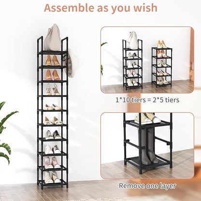 Tall Narrow Shoe Rack for Entryway, 10-Tier Sturdy Metal Shoe Shelf Storage 10-15 Pairs of Shoes and Boots, Space Saving Corner Shoe Rack Organizer for Closet,Doorway,Garage,Living Room