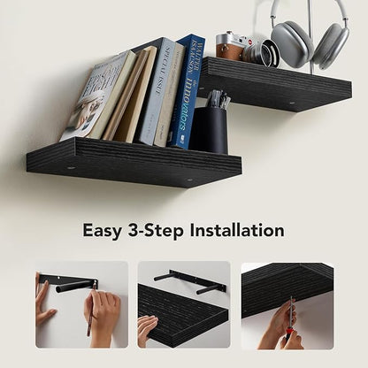AMADA HOMEFURNISHING Floating Shelves Wall Mounted, 15 x 7 Inch Wall Shelves for Bathroom, Bedroom, Living Room, Black Shelves Set of 2