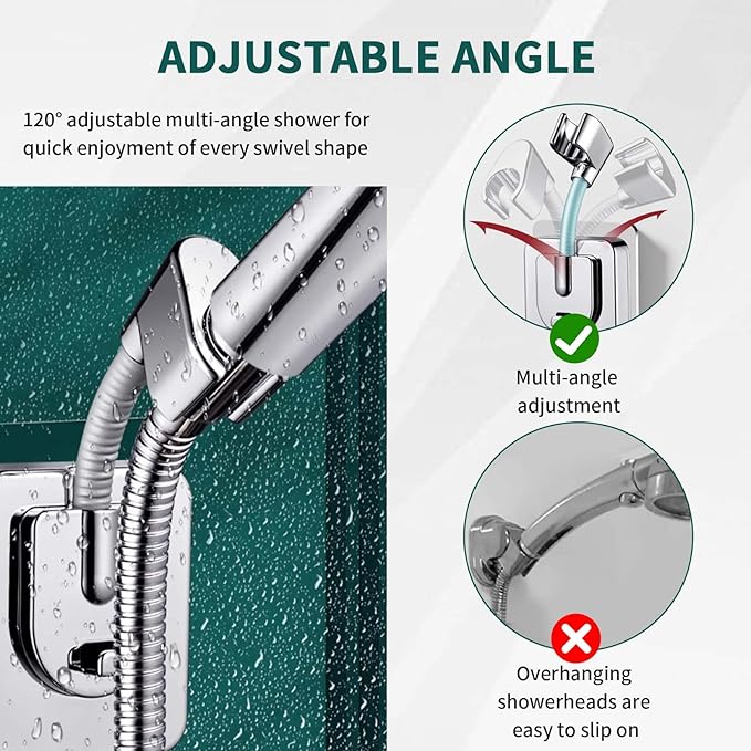 2pcs Shower Head Holder Wall Mount, 360° Adjustable Handheld Holder, No-Drill Strong Adhesive Wand Bracket, Waterproof Shower Handle Holder Fits up to 0.83 Inch, Bathroom Accessories, Chrome