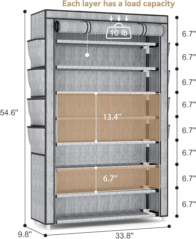 Shoe Rack with Cover, 8 Tier Tall Shoe Organizer Storage for 36-45 Pair Shoes and Boots Large Shoe Storage Shelf Free Standing Shoe Rack for Closet, Front Door Entrance, Dorm, Garage, Printing