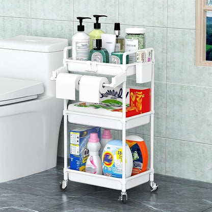 SPACEKEEPER Rolling Storage Cart, 3 Tier Utility Cart Laundry Room Organization Mobile Shelving Unit Bathroom Organizer with Towel Rack, Lockable Wheel, Hooks & Cup for Kitchen Office, White