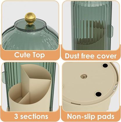 Makeup Brush Holder with Lid 360 Rotating Clear Dustproof Make Up Organizers for Vanity Bathroom Countertop, Green Beige