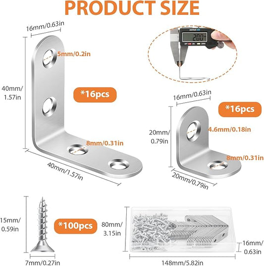 32 PCS L Bracket, Heavy Duty L Brackets for Wood Shelves, with 100* Screws, 90 Degree Stainless Steel Corner Angle Bracket Metal Shelf Brackets Corner Cabinet, 16*(1.6x1.6in), 16*(0.8x0.8in)