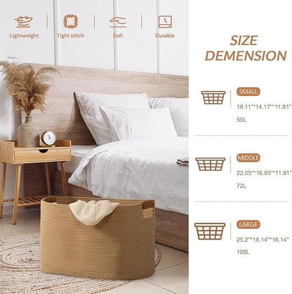 danpinera Large Blanket Basket for Living Room, 72 L Woven Cotton Rope Baskets for Kids Toy, Pillows, Towels, Cotton Organizing with leather handle, Storage Bin for Nursery, 22’’*17’’*11.8’’ Jute
