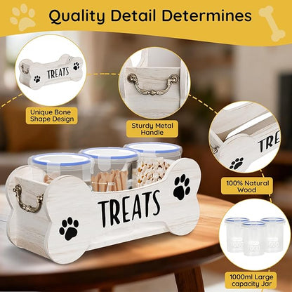 WGFKVAS Dog Treat Storage Containers, 3 Jar Pet food container, White Wooden Pet Food Dispenser for Dogs & Puppies, Perfect Food Storage Solution and Gift for Dog Owners
