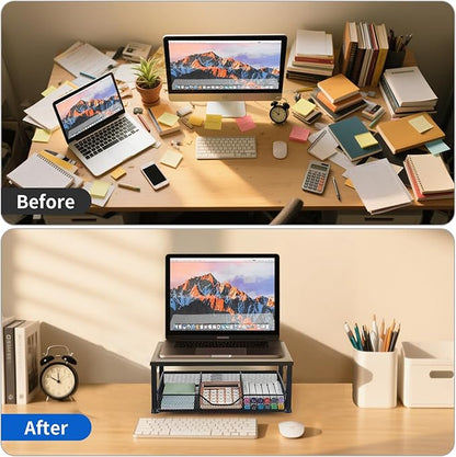 Small Laptop Stand for Desk, Monitor Stand Riser, Office Desk Accessories, Computer Desktop Stand with Drawer for Home, Office, School (Black)