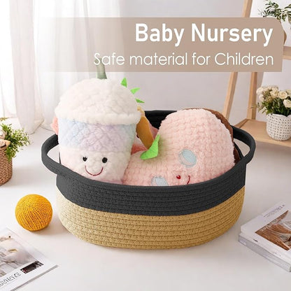 Woven Basket,Small Rope Storage Bin with Handles & Ribbon Bag, Organizer for Shelves Closets,Gift Basket Empty for Birthday,Books,Dog Toys, Black&Jute