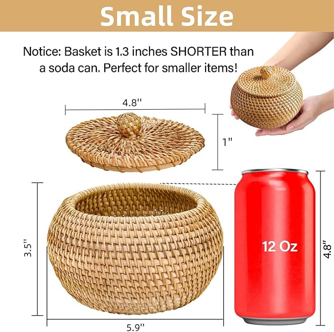 Small Rattan Basket Box with Lid, Round Handmade Woven Storage Basket, Multi-purpose Wicker Bowl Decorative Organizer for Shelf, Home, Bathroom Decor