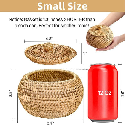 Small Rattan Basket Box with Lid, Round Handmade Woven Storage Basket, Multi-purpose Wicker Bowl Decorative Organizer for Shelf, Home, Bathroom Decor