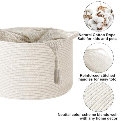65L Large Blanket Basket,19.7" L x 19.7" W x 13" H Rope Woven Baskets with Handles, Toys Storage Bins,Laundry Basket Perfect for Living Room, Nursery,Bedroom,Home Organization,White