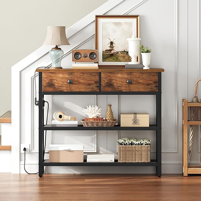 HOOBRO 29.5" Narrow Console Table with Power Outlet, Small Entryway Table with 2 Fabric Drawers, Behind Couch Table Sofa, 3-Tier Storage Shelves, for Living Room, Hallway, Rustic Brown BF72UXG01