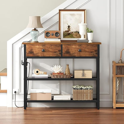 HOOBRO 29.5" Narrow Console Table with Power Outlet, Small Entryway Table with 2 Fabric Drawers, Behind Couch Table Sofa, 3-Tier Storage Shelves, for Living Room, Hallway, Rustic Brown BF72UXG01