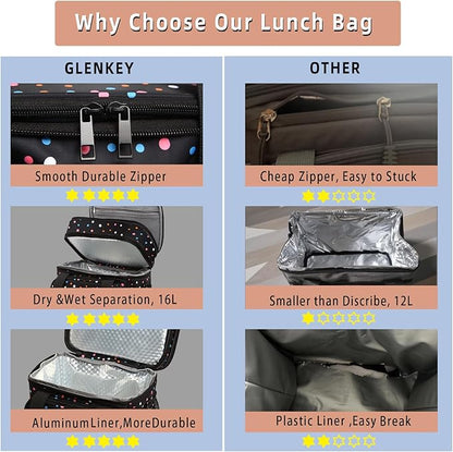 Expandable Insulated Lunch Box, Double Deck Lightweight Large Lunch Bag Tote Leakproof Cooler Bags for Women Adults Work Outdoor Picnic Daytrip, Polka Dots, 16L