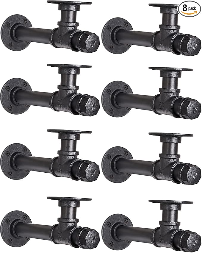 Pipe Shelf Bracket 6.7 inch 8 Pack Industrial DIY L Pipe Shelf Bracket for 6"-12" Wood Floating Shelf Vintage Look Rustic Home Pipe Decor, Included Accessorie