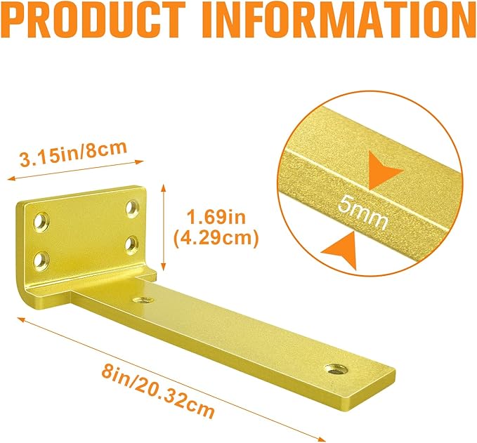 Floating Shelf Brackets 8 inch 4 Pack L Brackets for Shelves Gold Metal Heavy Duty Shelf Bracket for DIY Decorative with Mounting Hardware